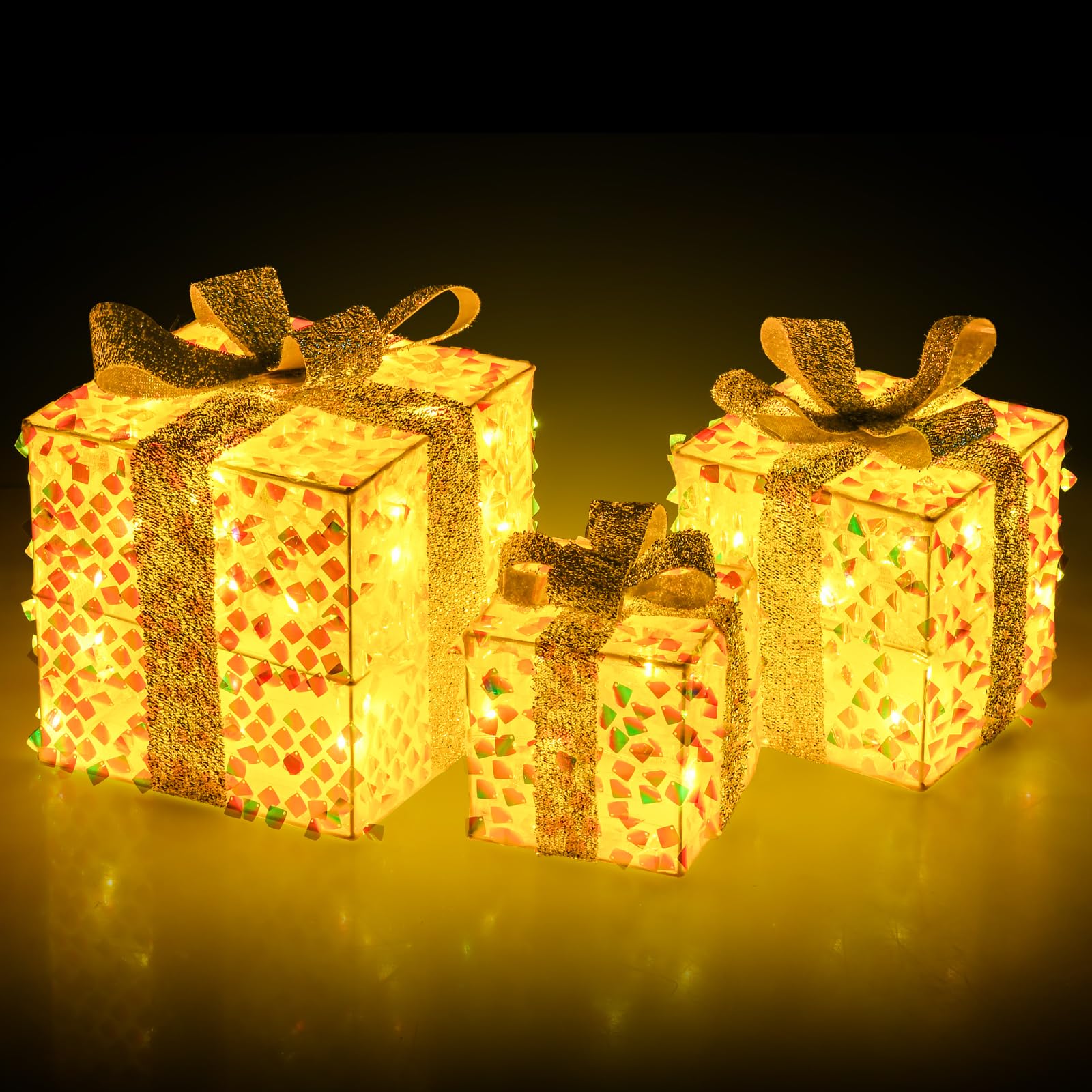 Tangkula Set of 3 Christmas Lighted Gift Boxes, Pre-lit 90 LED Light Up Present Box Decorations with Bows and Plug